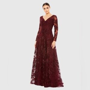 Mac Duggal Deep Red Lace Long Sleeve Gown